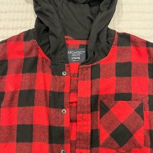 Boys 14/16 black and red flannel with hoodie